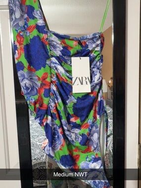 ZARA Floral One-Shoulder Bodysuit- Green, Blue & Red